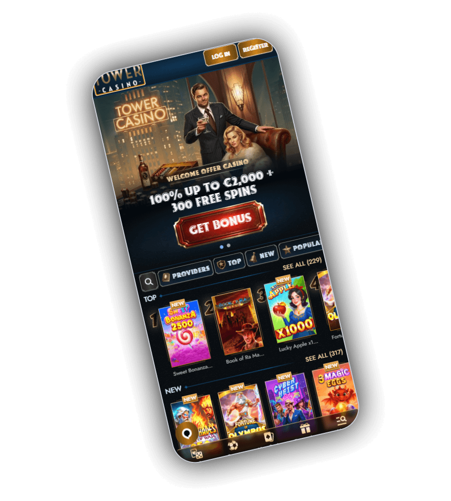 Casino landing screen with balance and navigation controls