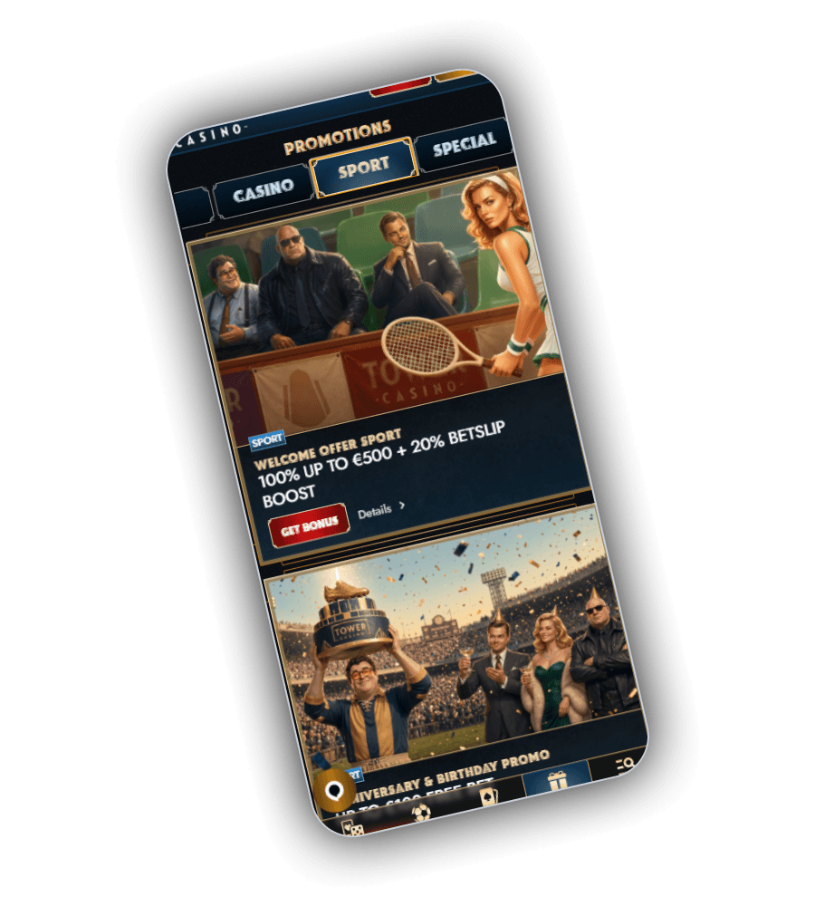 Promotion screen divided into casino sport and special tabs